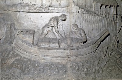 Art romain : « Bateau chargeant des provisions sur le Danube pendant la Première Guerre en Dacie » Moulage de 1862 reproduisant les bas-reliefs de la colonne de Trajan (colonne Trajane) (Colonna Traiana) à Rome construite sous le règne de l