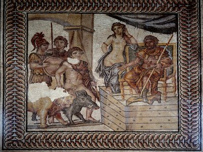 Art romain : Admète, roi de Phères en Thessalie, ayant dompté un sanglier et un lion, demande la main de la fille de Pélias, roi d