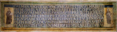 Art romain : mosaïque portant la dédicace à Sainte Sabine, martyre chrétienne du 2ème siècle. Elle porte les noms de Pierre d