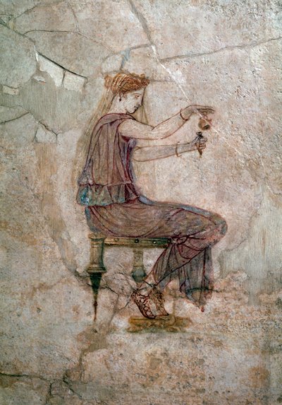 Art romain : femme assise versant du parfum dans un vase. Peinture murale, 25 après J.-C. De la Villa della Farnesina. Rome, Palazzo Massimo alle Terme, Museo Nazionale Romano - Roman Roman