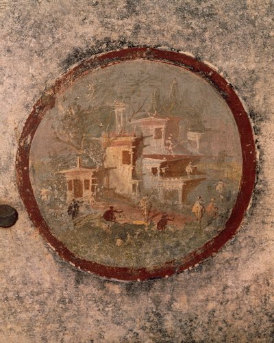 Ronde avec maisons et bâtiments, (détail) de fresque de la Maison du Centenaire, Pompéi, Campanie, Civilisation romaine - Roman Roman