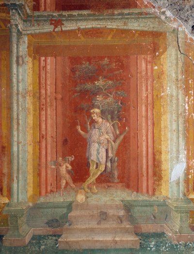 Scène de théâtre, fresque (IVe style) sur fond rouge de la Maison de Pinarius Cerialis, Pompéi (Liste du patrimoine mondial de l