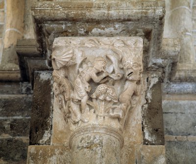 Un musicien et un démon symbolisant la luxure (chapiteau sculpté) - Romanesque