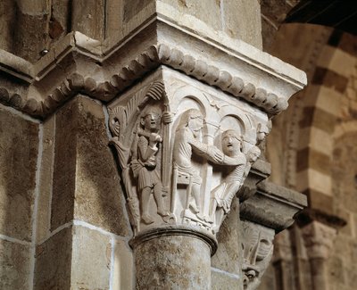 Ésaü revient de la chasse et se trouve devant son père Isaac qui bénit Jacob (chapiteau sculpté) - Romanesque