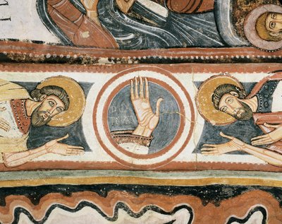 Art roman : La main droite de Dieu et les patriarches Élie et Hénoc (ou Enoch). Détail. Fresque de l