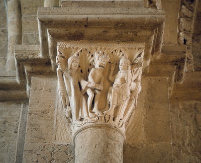 Le diable montre une femme à saint Benoît pour le tenter, chapiteau du narthex (sculpture) - Romanesque