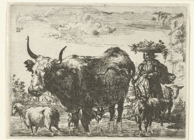 Bergère avec panier sur la tête, une vache, deux chèvres et deux moutons dans l