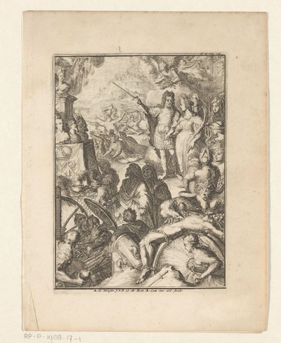 Stathouder Guillaume III et Marie Stuart parmi des figures mythiques - Romeyn de Hooghe