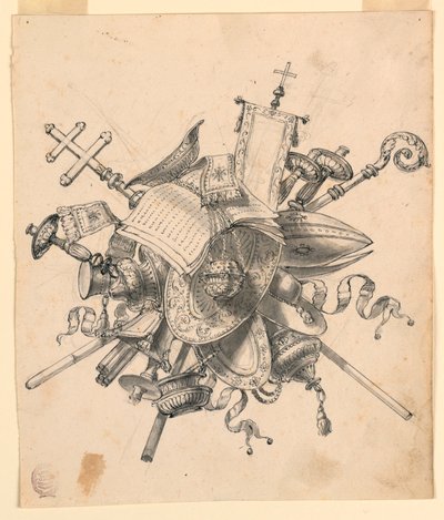 Dessin, trophée avec objets ecclésiastiques, 1830-1850 - Romolo Achille Liverani
