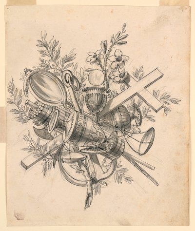 Dessin, trophée avec les symboles des vertus, 1830-1850 - Romolo Achille Liverani