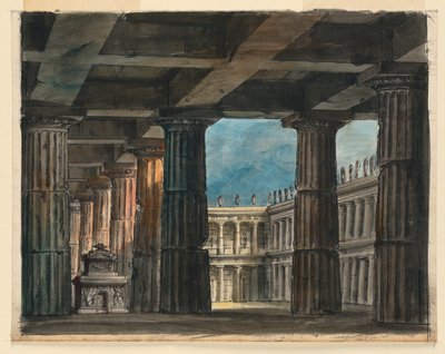 Décor de scène, loggia classique et cour - Romolo Achille Liverani