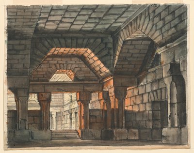 Décor de scène, intérieur de château fortifié pour "Ciro in Babilonia" de Gioachino Rossini, La Scala, Milan, 1818, "Prigione Sotterranea" - Romolo Achille Liverani