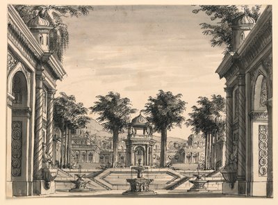 Décor de scène, jardin du palais indien pour le ballet « Genghis Khan » par Luigi Henry - Romolo Achille Liverani