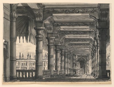 Décor de scène, loggia avec fontaine dans un palais oriental - Romolo Achille Liverani