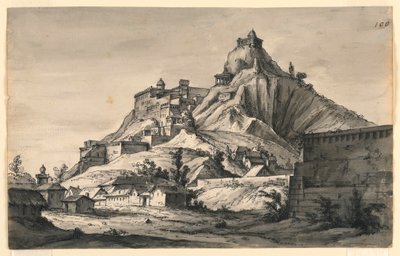 Décor de scène, montagne avec ville sur les pentes - Romolo Achille Liverani
