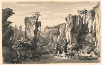 Décor de scène, vallée rocheuse avec bâtiments - Romolo Achille Liverani