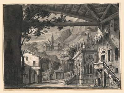 Décor de scène : Village dans un paysage vallonné, pour L