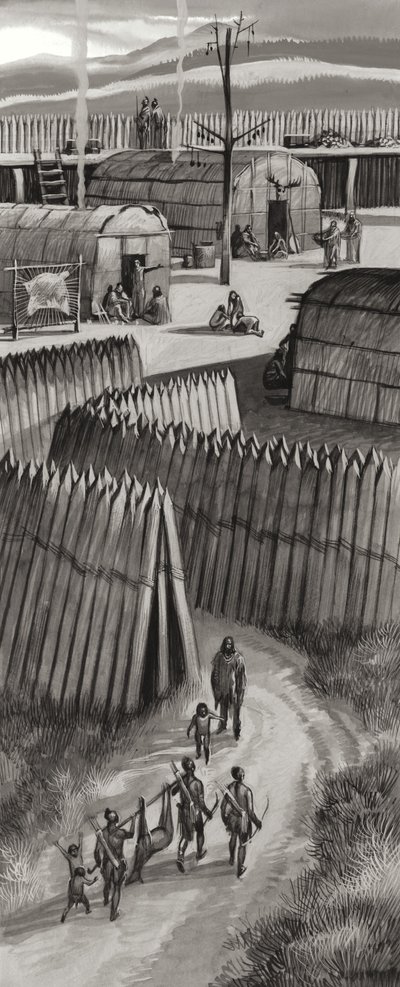 Village huron fortifié (gouache sur papier) - Ron Embleton