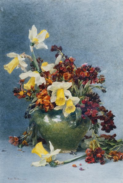 Jonquilles et giroflées dans un vase vert, 1890 - Rose Maynard Barton