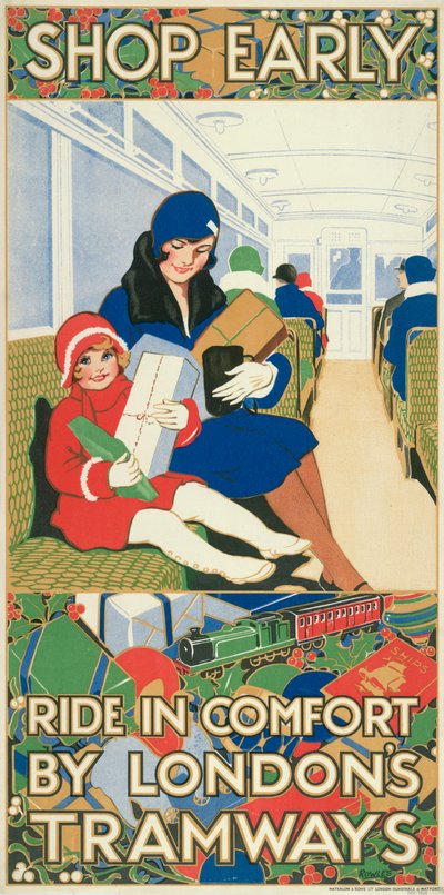 Achetez tôt, voyagez confortablement avec les tramways de Londres, affiche des tramways du London County Council, 1928 - Rowles