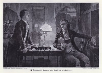 Écrivains allemands Friedrich Schiller et Johann Wolfgang von Goethe à Weimar (gravure) - Rudolf Eichstaedt