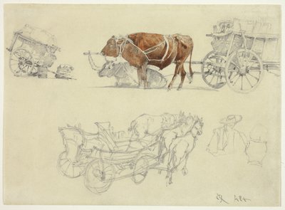 Études sur les chariots de paysans slovaques avec bœufs et chevaux - Rudolf von Alt