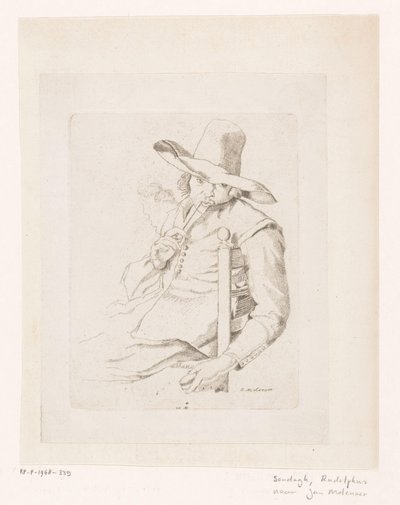 Homme fumant une pipe avec un haut-de-forme sur une chaise - Rudolphus Sondagh