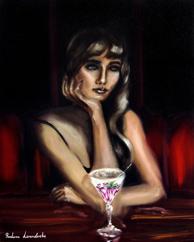 Femme avec un cocktail rose, 2024 (huile sur toile) - Ruslana Levandovska