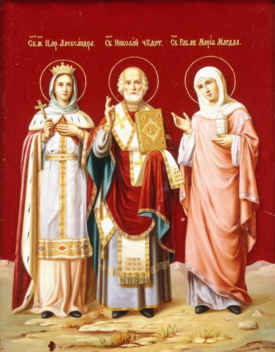 Une icône peinte sur verre représentant Saint Nicolas, Sainte Alexandra et Marie-Madeleine - Russian School