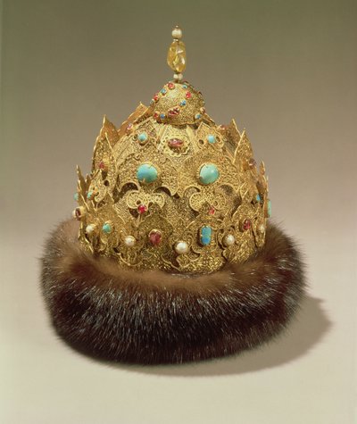 Couronne de Karan, or gravé serti de bijoux, bordure en fourrure, niellure et ajouré, milieu du 16ème siècle - Russian School