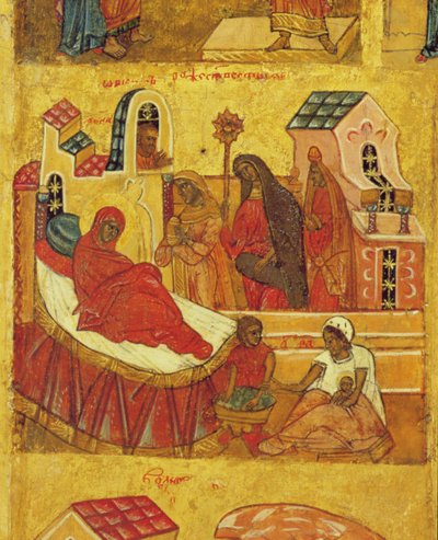 Icône représentant la Naissance de la Vierge, vers 1550 (détail) - Russian School