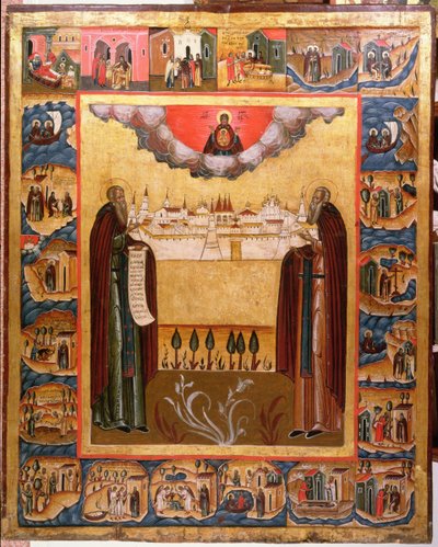 Saints Zosime et Sabbatheus de Solovetsk avec des scènes de leur vie, XVIIIe siècle - Russian School