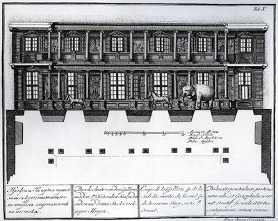 Vue en coupe des deuxième et troisième étages de la Salle des Raretés vers l