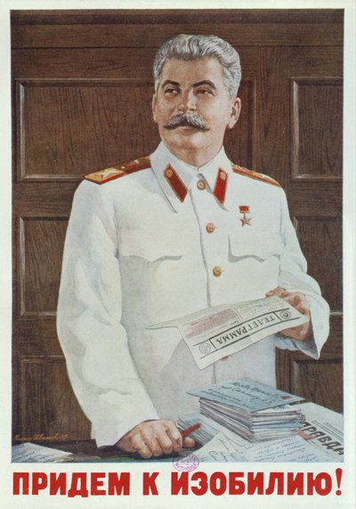 Affiche soviétique de Staline lisant un télégramme, 1949 - Russian School
