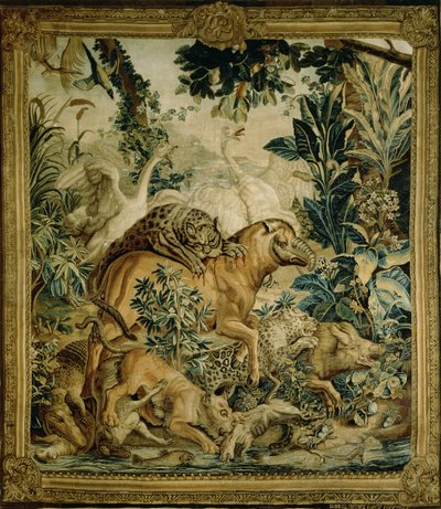 Tapisserie représentant des bêtes sauvages se battant à un point d