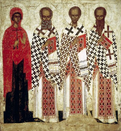 Paraskeva Pyatnitsa, Grégoire le Théologien, Jean Chrysostome et Basile le Grand (début du 15ème siècle) - Russian icon.