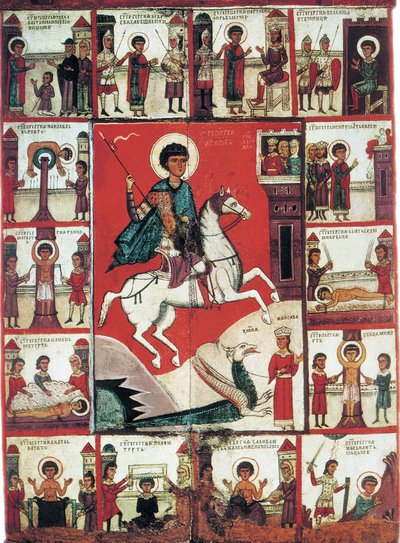Saint Georges avec des scènes de sa vie, 14ème siècle - Russian icon.