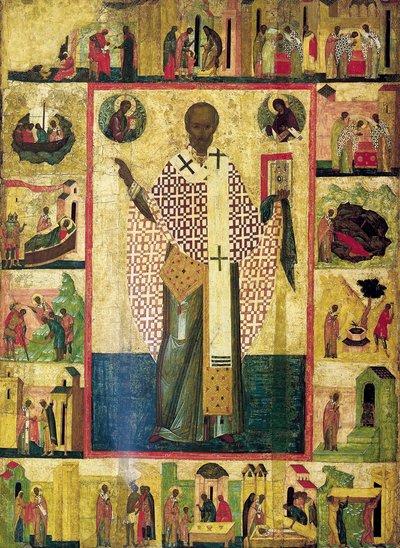 Saint Nicolas de Zaraisk avec des scènes de sa vie, début du 16e siècle - Russian icon.