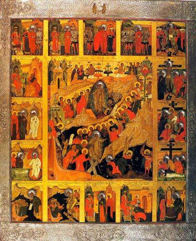 La Descente aux enfers avec les scènes de la Passion du Christ, 16e siècle - Russian icon.