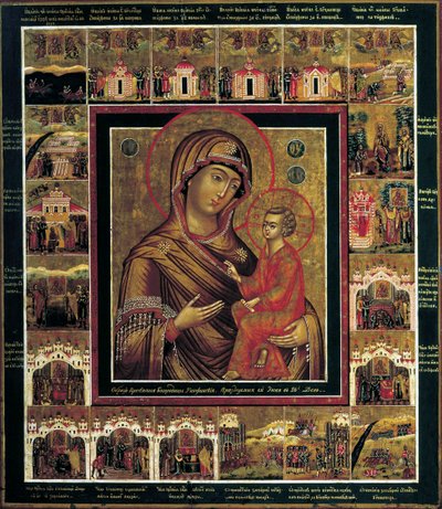 La Vierge de Tikhvin avec Scènes de Bordure - Russian icon.