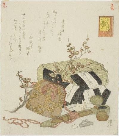 Algues, écritoire portable et branche de prunier, no. 5 de la série "Les exploits du lapin (Usagi tegarabanashi)" - Ryuryukyo Shinsai