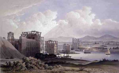 Pont tubulaire de Britannia sur le détroit de Menai, pris pendant la construction en 1848, lithographie par Day and Son - S. (after) Russell