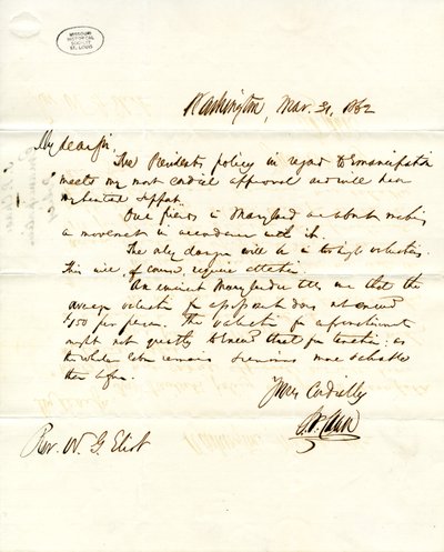 Lettre signée S.P. Chase, Washington, à W.G. Eliot, 31 mars 1862 - Salmon P. Chase