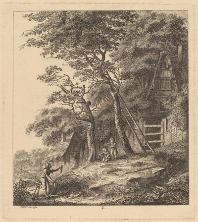 Un pêcheur et deux enfants dans un paysage avec des cottages au toit de chaume - Salomon Gessner