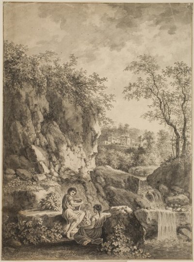 Paysage rocheux avec un ruisseau. Au premier plan, un jeune homme avec une flûte de roseau et une jeune femme. - Salomon Gessner