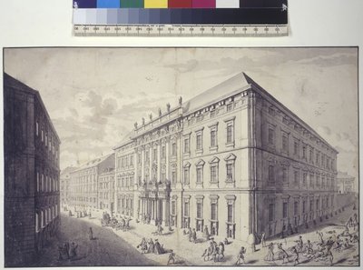 Pleine page : vue oblique du château de Kaunitz-Liechtenstein à No (dessin à la plume) - Salomon Kleiner
