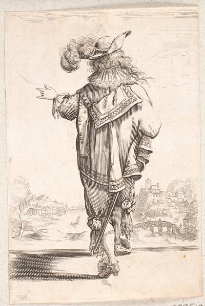 Homme marchant, de dos, avec un chapeau à plumes, gesticulant de la main gauche. En arrière-plan à droite, une ville au bord d