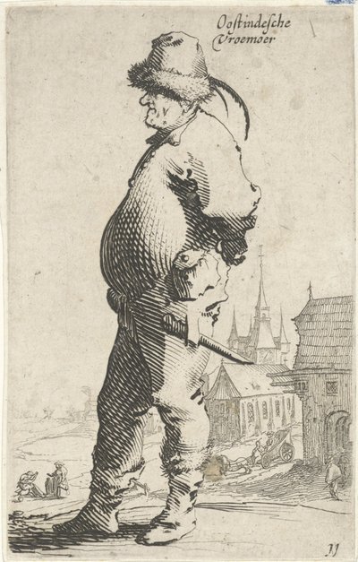 Homme de profil, avec une église et un bâtiment avec galerie en arrière-plan (Oostindesche vroemoer, La vie des paysans) - Salomon Savery