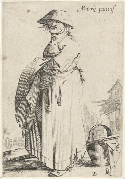 Femme avec un tissu sur le bras, un panier au sol derrière elle (Marrij panvis, La vie des paysans) - Salomon Savery