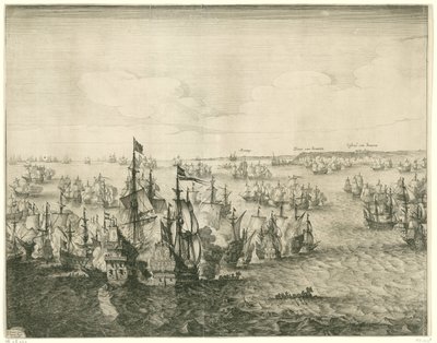 Bataille navale aux Dunes (plaque de gauche), 1639 - Salomon Savery